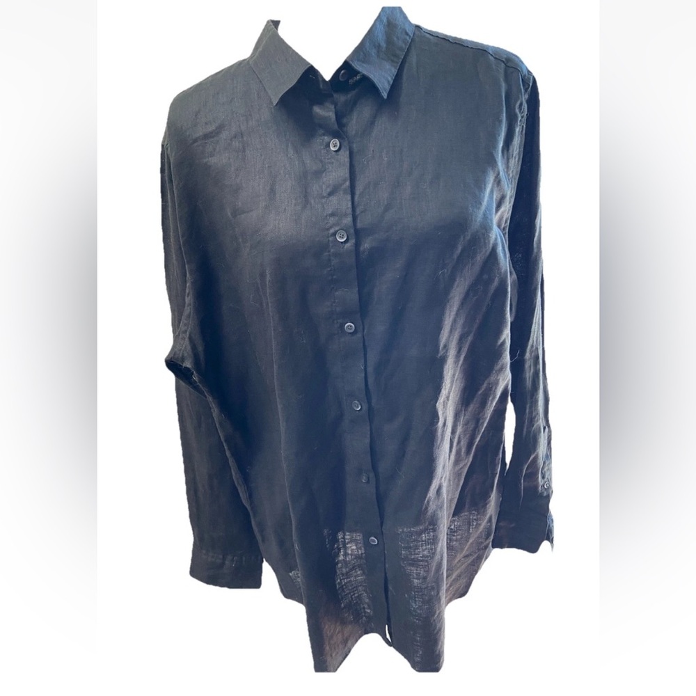 Uniqlo 100% Linen Black Top Shirt Long Sleeve Button Up Minimalist  Sz 2XL EUC